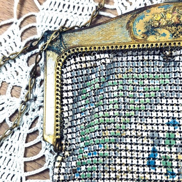 Antique Whiting & Davis Mesh Purse c1915–1925 Enamel Lyre Motif Metal Mesh Eveni - Picture 9 of 16